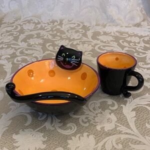 Whimsical Black Cat Bowl and Mug Set with Orange Interior